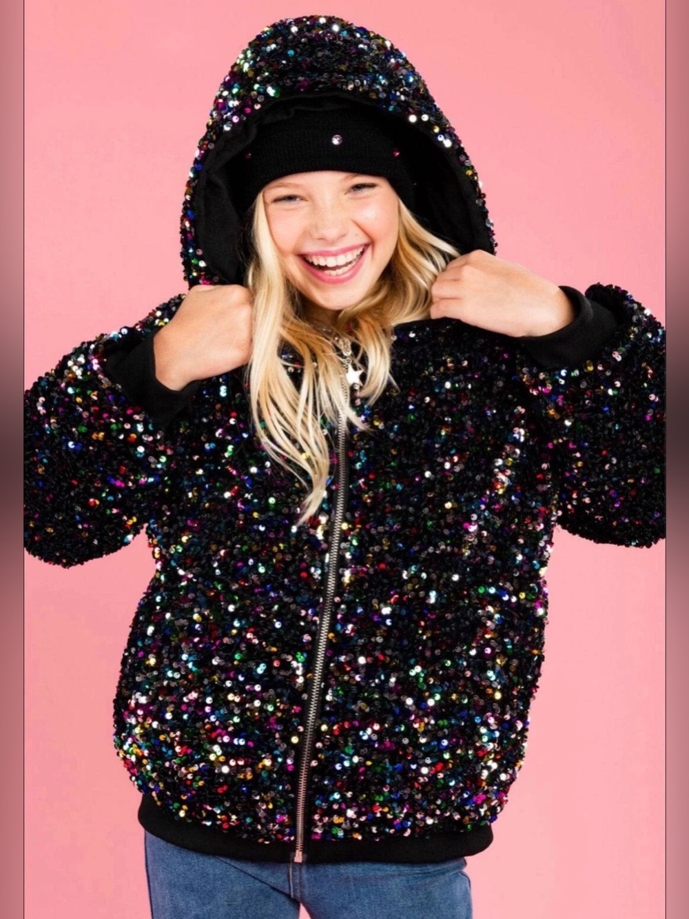Like New Lola and the Boys Girls' Sequin Hooded Zip Jacket, Black Sequin size 10